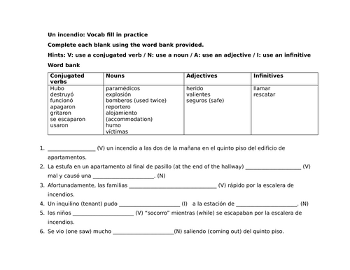 Un incendio: Vocab fill in practice