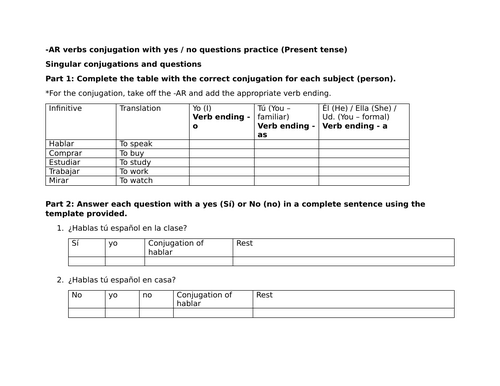 AR verbs conjugation with yes / no questions practice (Present tense)