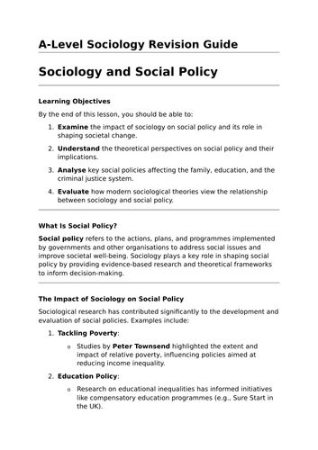 Sociology and Social Policy - A-Level Sociology