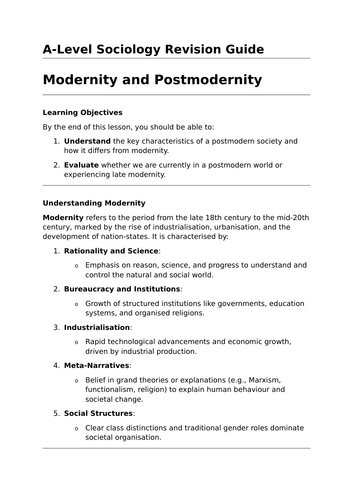 Modernity and Postmodernity - A-Level Sociology