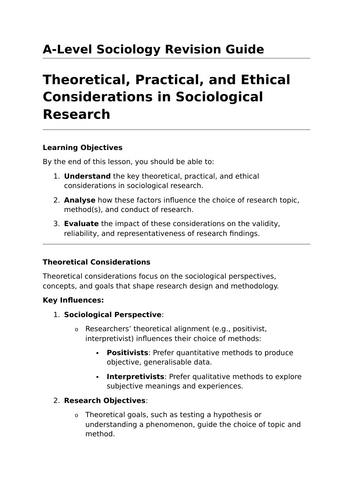 Theoretical, Practical, and Ethical Considerations - A-Level Sociology