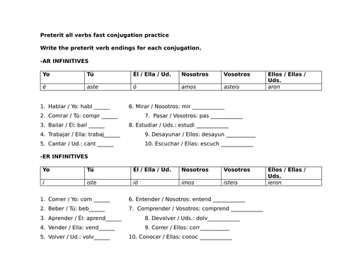 Preterit all verbs fast conjugation practice