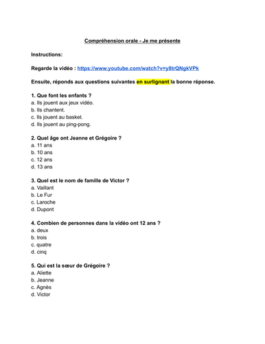 FRENCH - Compréhension orale Je me présente (Listening activity)