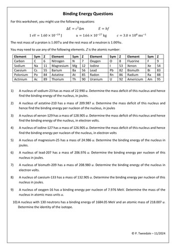 Binding Energy Questions