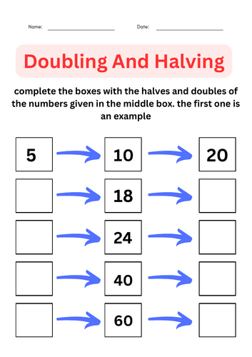 Printable Doubling and Halving Numbers Worksheets for Grade 1, 2, 3