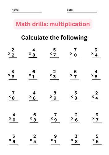 Multiplication Facts Fluency Practice Basic Math Worksheets for grade 1, 2, 3