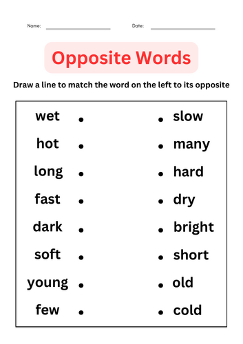 Printable Opposite words Activity Worksheets for Grade 1, 2, 3