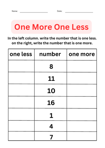 One More One Less Number Worksheets for Grade 1, 2, 3