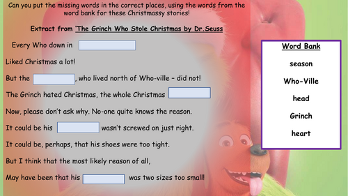 KS2 Extracts from 2 Christmassy stories  Fun Fill in the Missing Words Activity (cloze) PDF/PPoint