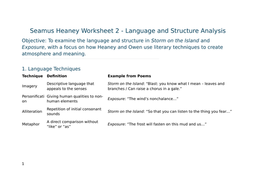 Language and Structure Analysis of Storm on the Island and Exposure – GCSE Worksheet 2