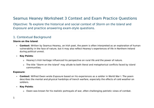 Context and Exam Practice Questions-  Storm on the Island and Exposure – GCSE Worksheet 3