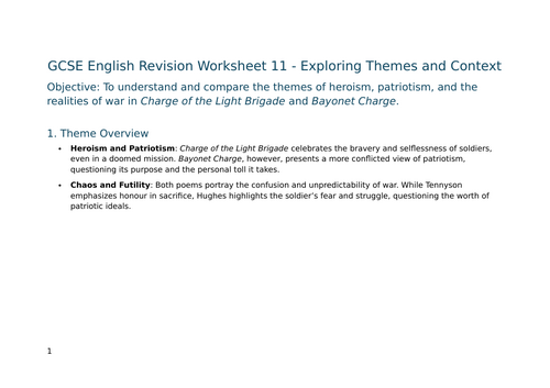 Exploring Themes and Context in Charge of the Light Brigade and Bayonet Charge – GCSE Worksheet 11