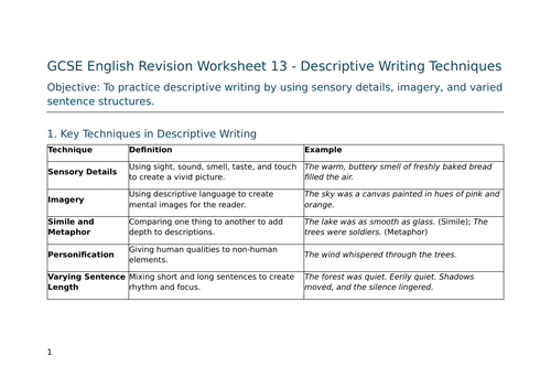 Descriptive Writing Techniques – GCSE Worksheet 13