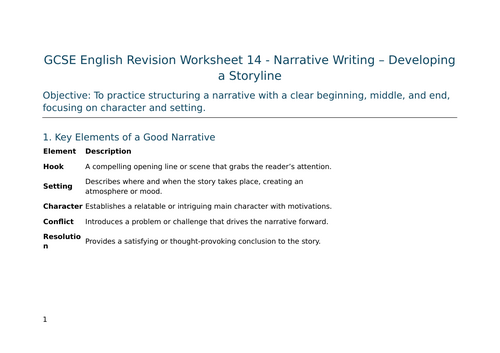 Narrative Writing – Developing a Storyline – GCSE Worksheet 14