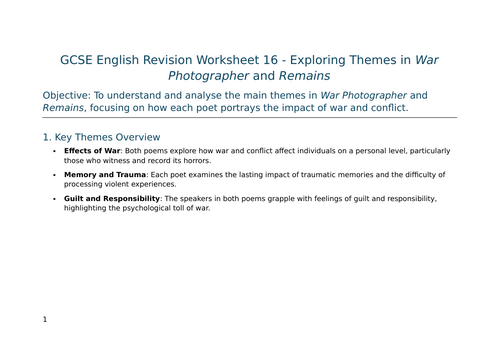 Exploring Themes in War Photographer and Remains – GCSE Worksheet 16