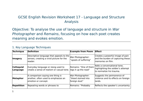 Language and Structure Analysis in War Photographer and Remains – GCSE Worksheet 17 