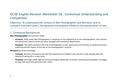 Contextual Understanding and Comparison in War Photographer and Remains – GCSE Worksheet 18