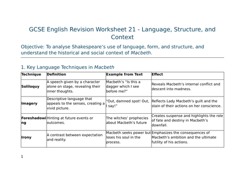 Language, Structure, and Context in Macbeth – GCSE Worksheet 21