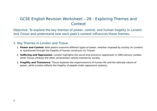 Exploring Themes and Context in London and Tissue – GCSE Worksheet 26