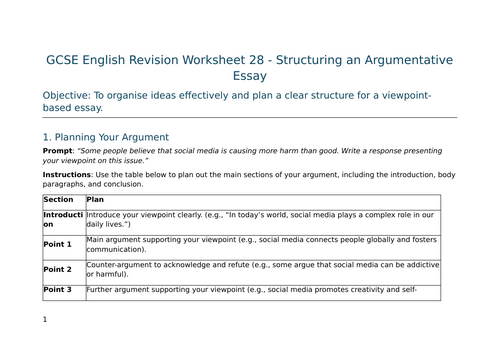 Structuring an Argumentative Essay – GCSE Worksheet 28