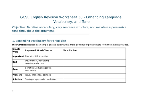 Enhancing Language, Vocabulary, and Tone – GCSE Worksheet 30