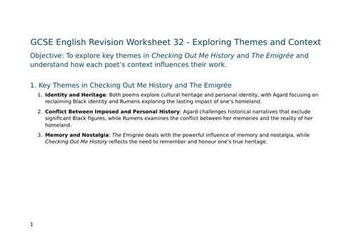 Exploring Themes and Context in Checking Out Me History and The Emigrée – GCSE Worksheet 32