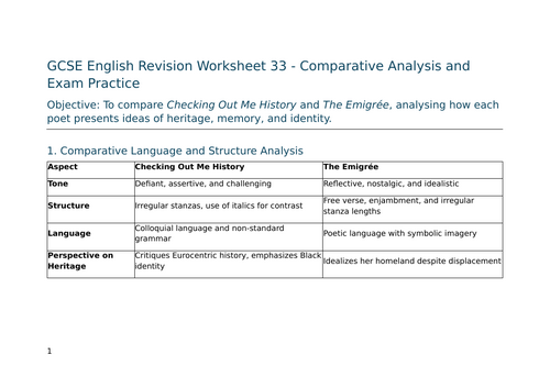 Comparative Analysis and Exam Practice-  Checking Out Me History and The Emigrée – GCSE Worksheet 33