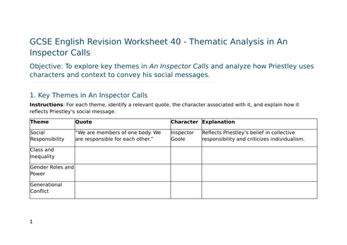 Thematic Analysis in An Inspector Calls – GCSE Worksheet 40