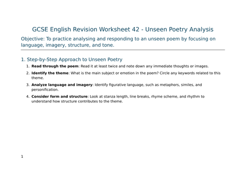 Unseen Poetry Analysis – GCSE Worksheet 42