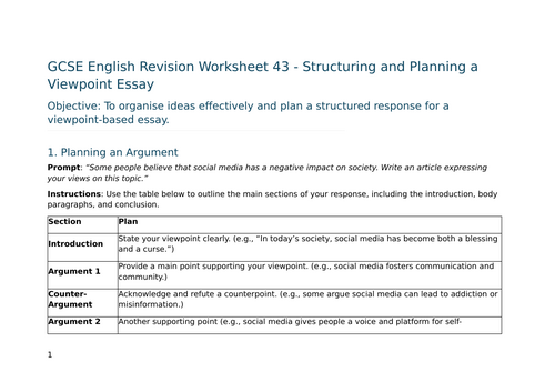 Structuring and Planning a Viewpoint Essay – GCSE Worksheet 43