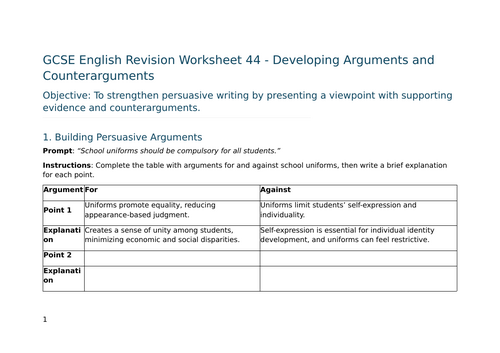 Developing Arguments and Counterarguments – GCSE Worksheet 44