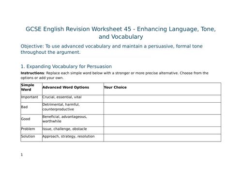 Enhancing Language, Tone, and Vocabulary – GCSE Worksheet 45