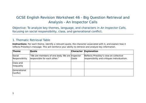 Big Question Retrieval and Analysis-  An Inspector Calls – GCSE Worksheet 46