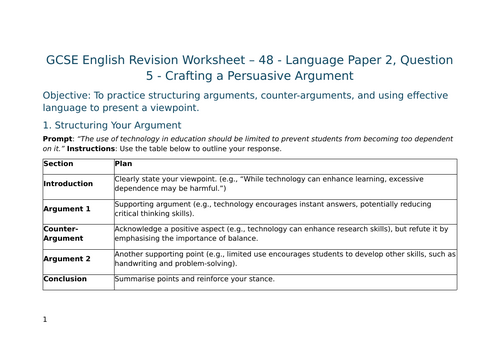 . Language Paper 2, Question 5 - Crafting a Persuasive Argument – GCSE Worksheet 48