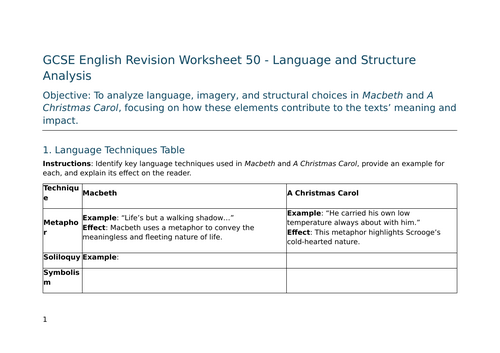 Language and Structure Analysis in Macbeth and A Christmas Carol – GCSE Worksheet 50