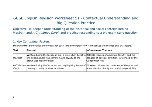 Contextual Understanding and Big Question Practice for Macbeth and A Christmas Carol – GCSE Worksh