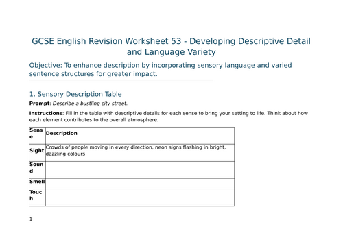 Developing Descriptive Detail and Language Variety – GCSE Worksheet 53