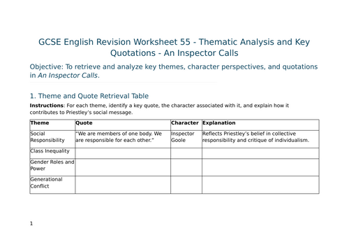 Thematic Analysis and Key Quotations - An Inspector Calls – GCSE Worksheet 55