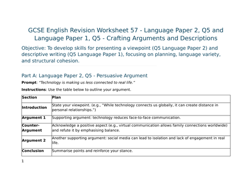 Language Paper 2, Q5 and Language Paper 1, Q5 - Crafting Arguments and Descriptions – GCSE Worksheet