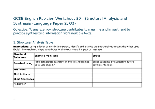 Structural Analysis and Synthesis (Language Paper 2, Q3) – GCSE Worksheet 59