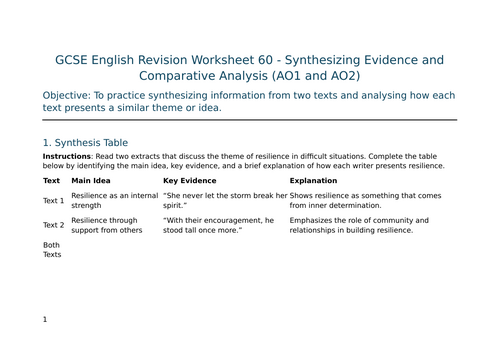 Synthesizing Evidence and Comparative Analysis (AO1 and AO2) – GCSE Worksheet 60