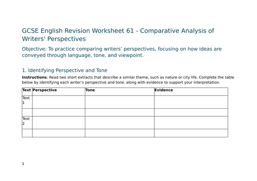 Comparative Analysis of Writers' Perspectives – GCSE Worksheet 61