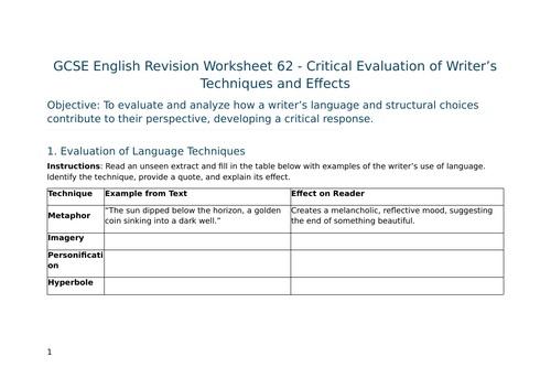 Critical Evaluation of Writer’s Techniques and Effects – GCSE Worksheet 62