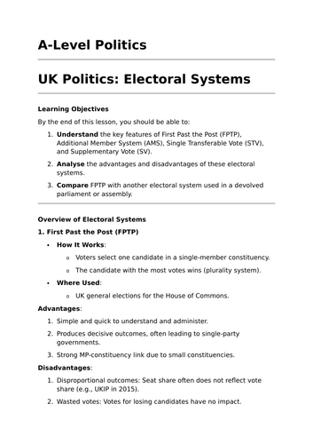 Electoral Systems - A-Level Politics