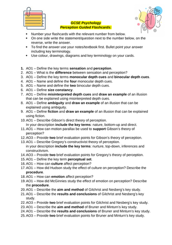 AQA GCSE Psychology Perception Guided Flashcards. 