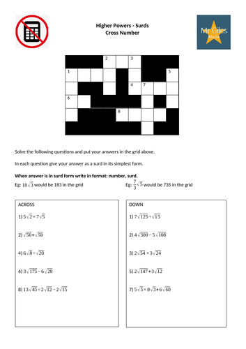 Higher Powers - Surds Cross Number