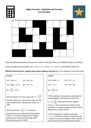 Higher Formula - Substitute into Formula Cross Number