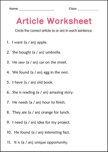 Articles A and An Grammar Worksheets for Grade 1, 2, 3