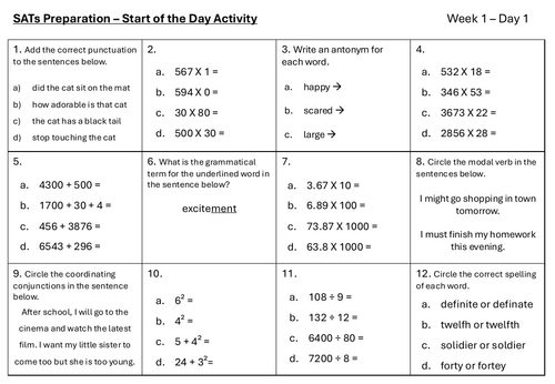 SATs Preparation Morning Work - SPaG and Arithmetic