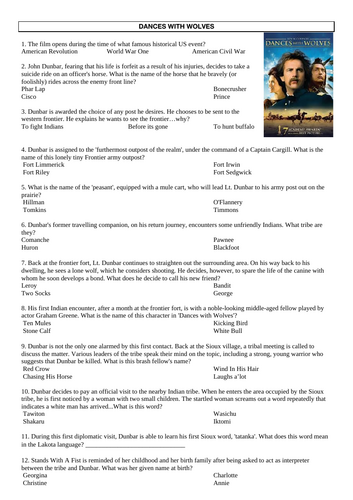 Dances with Wolves Film Worksheet